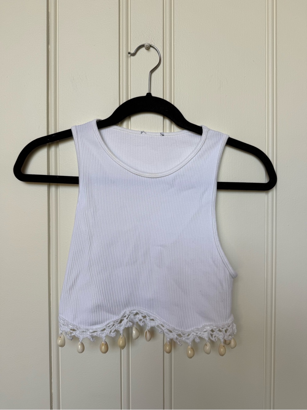 Zara White Ribbed Crop Tank with Shell Trim